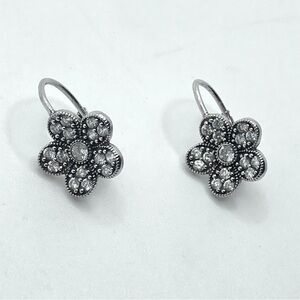 STERLING Silver & Crystal Floral Daisy Flower Lever Back Earrings